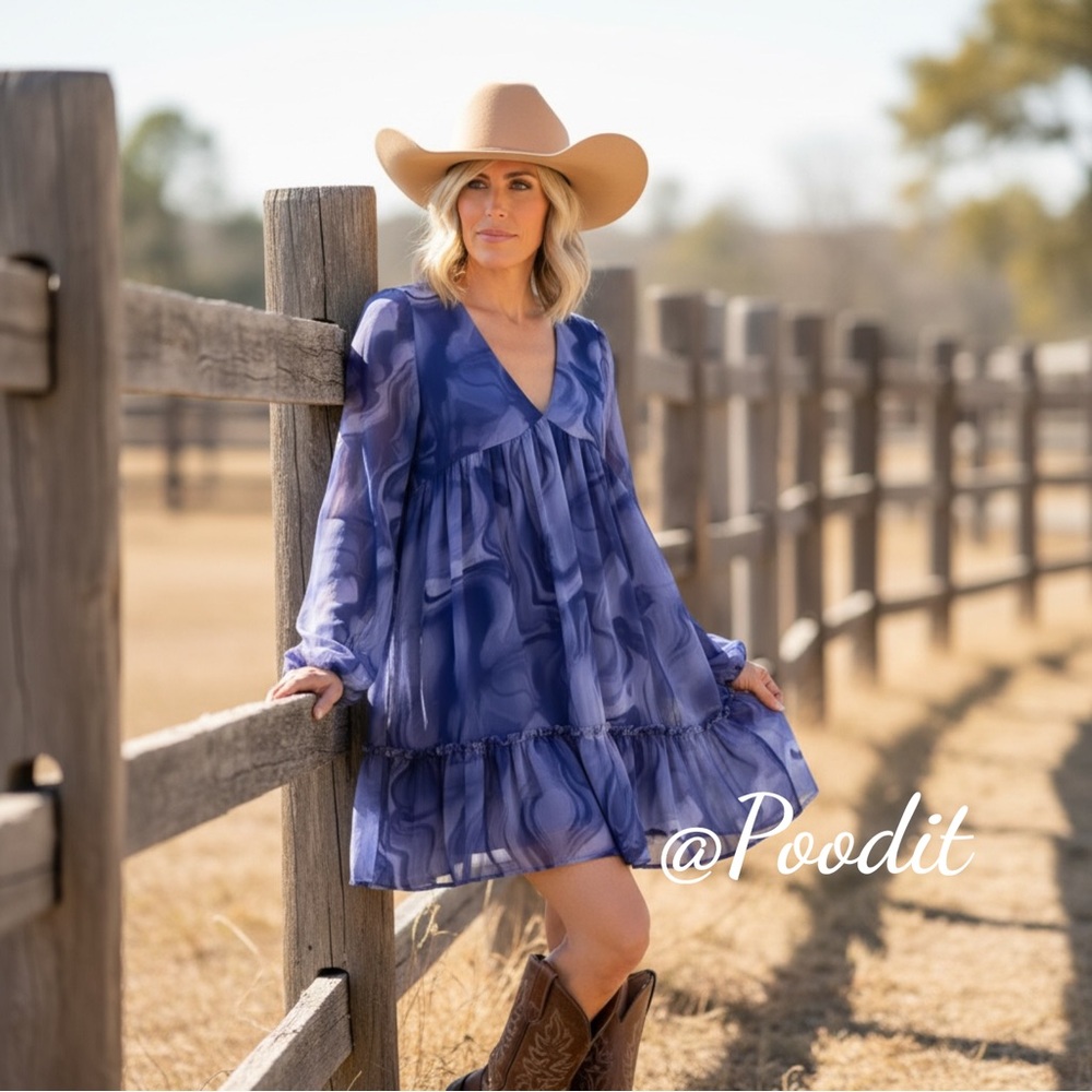 PEACH LOVE CALIFORNIA Purple swirl flare sleeve tunic dress S M - Picture 3 of 7